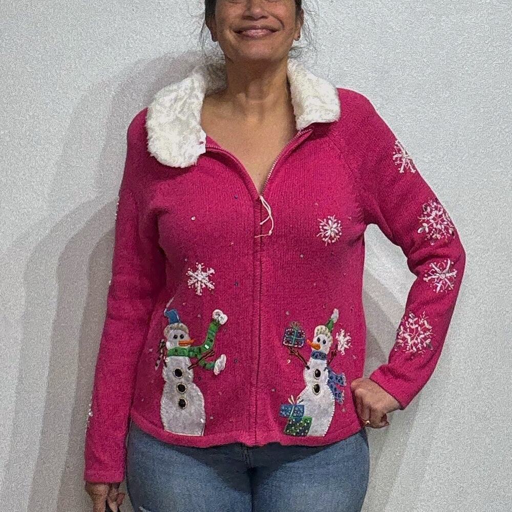 Tiara International Hot Pink Snowman Vintage Cardigan Sz L